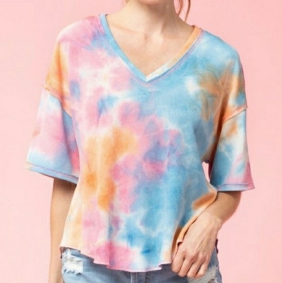 Tie Dye Blue Multi Waffle Knit Top - Picture 2 of 8